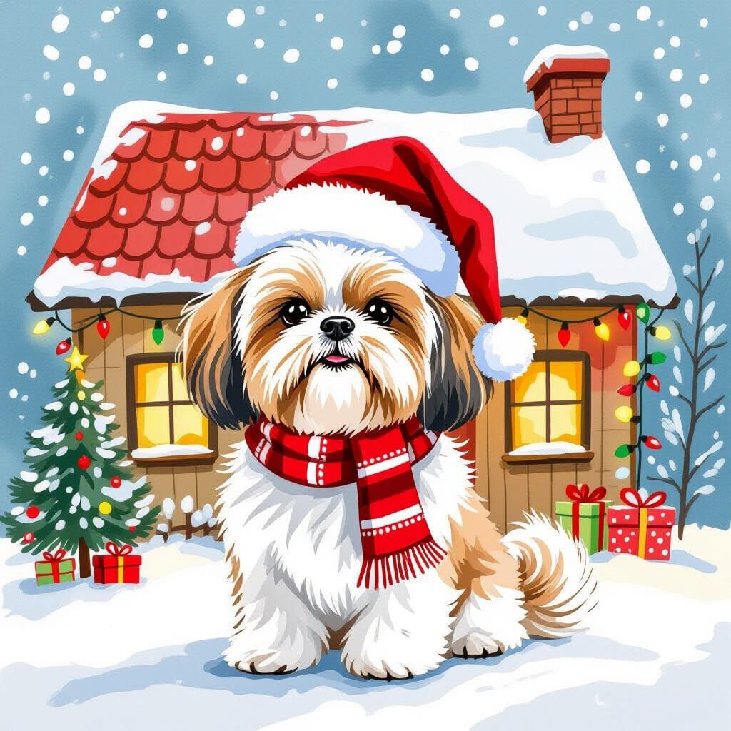 Shih Tzu in Santa Hat, Watercolor Illustration