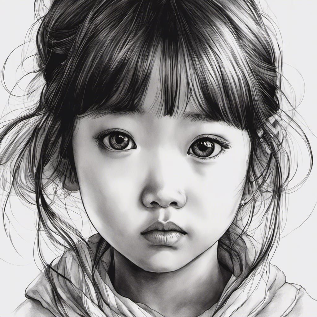 handdrawn black and white ink drawing beautiful cute adorabl...
