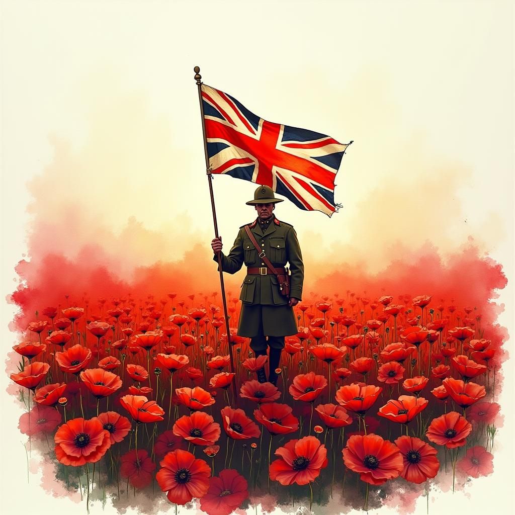 WW1 Soldier in Poppy Garden: Watercolour Ink Art