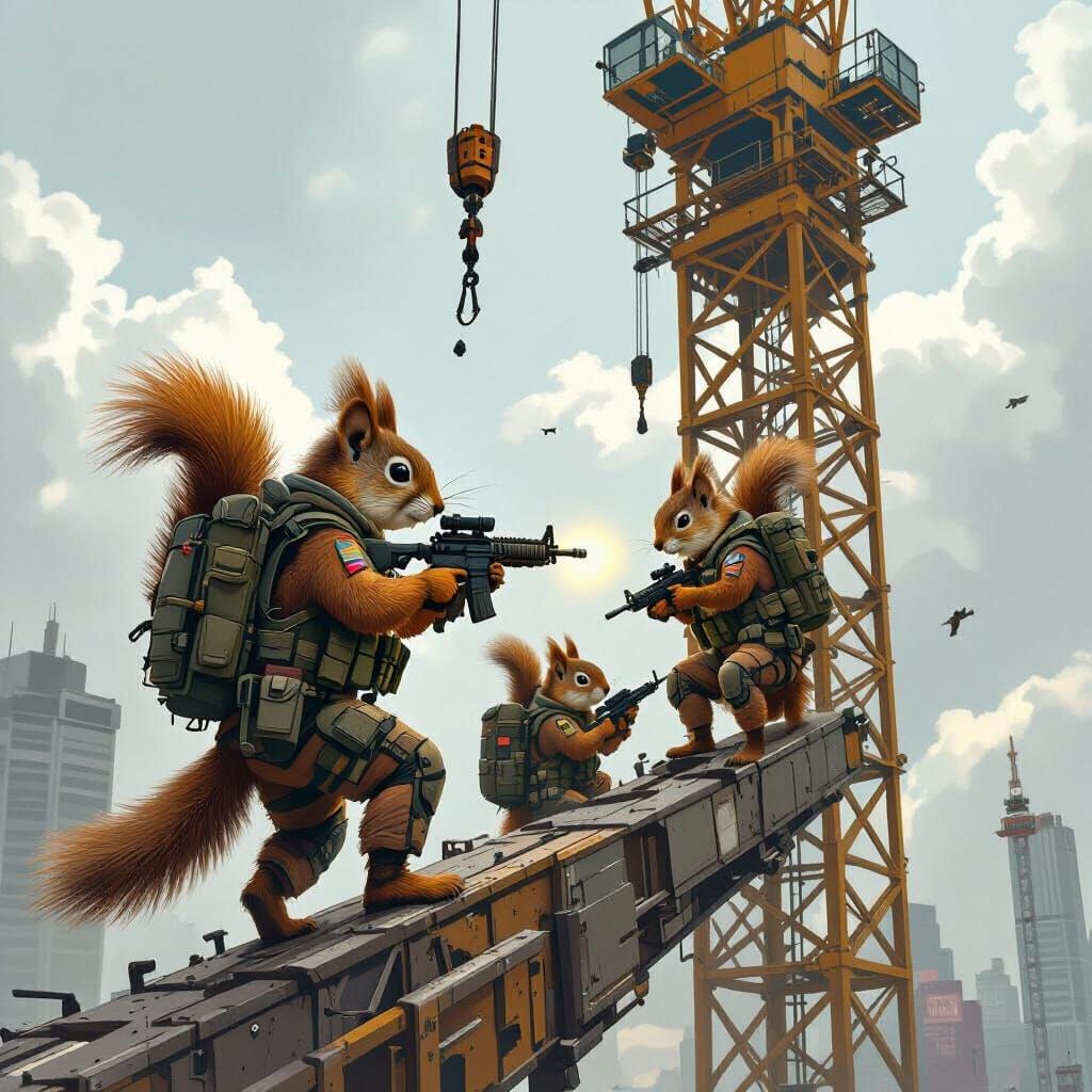 Tactical Squirrels Assaulting Crane: Action-Packed Scene