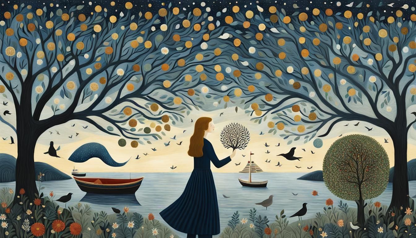 Surreal Woman Holding Tree in Whimsical Universe