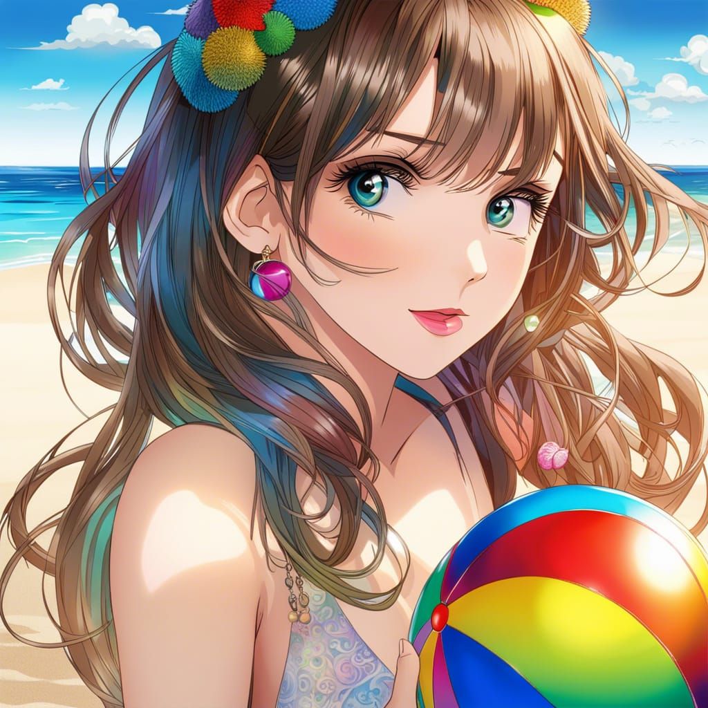 Anime Woman on Beach with Beach Ball