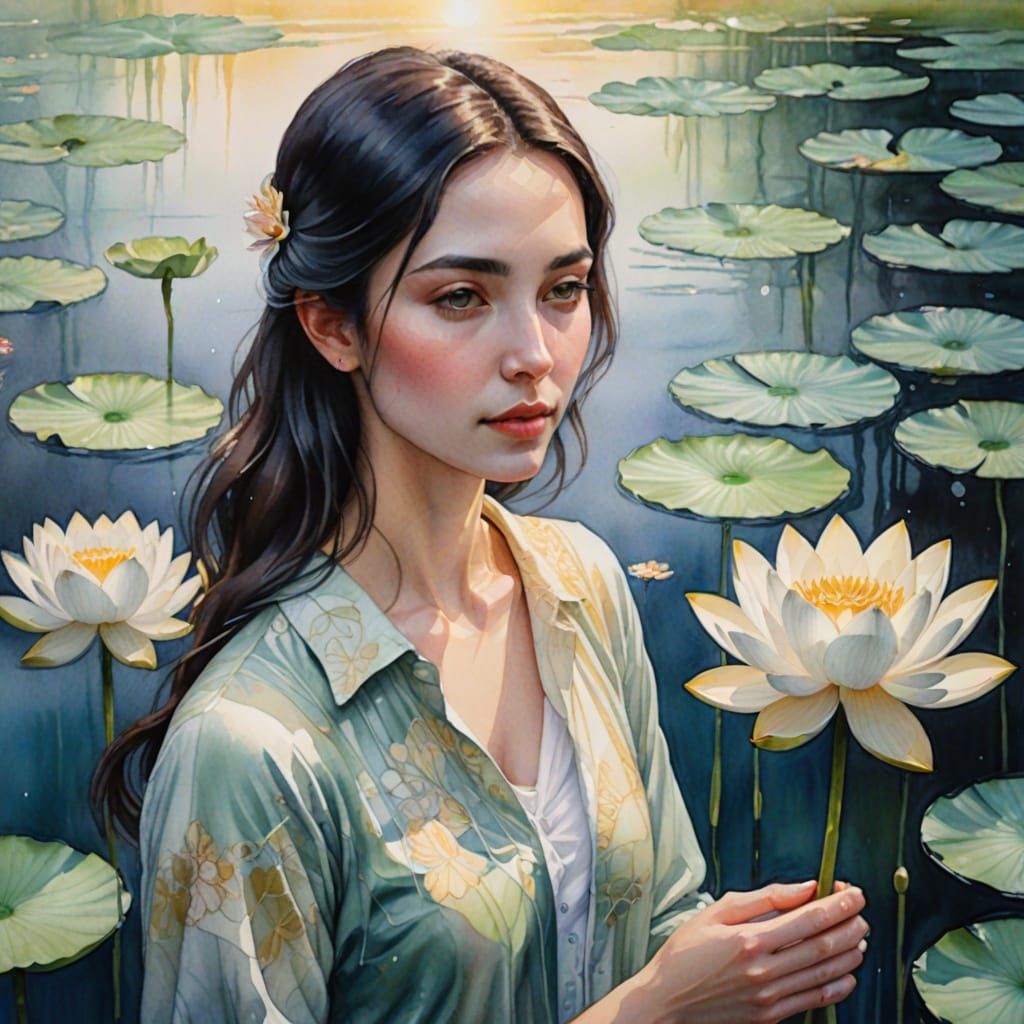Ethereal Watercolor of Woman with Lotus Flower