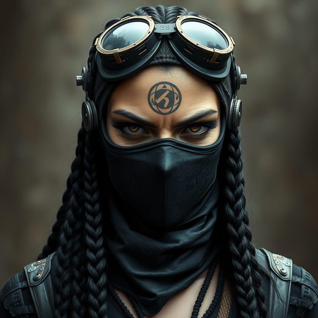 Deadly Woman with Mask and Braids in Dark Realism