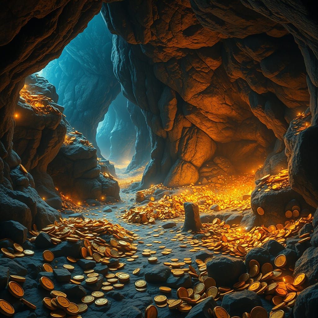 Mystical Underground Cave of Golden Treasures in Matte Paint...