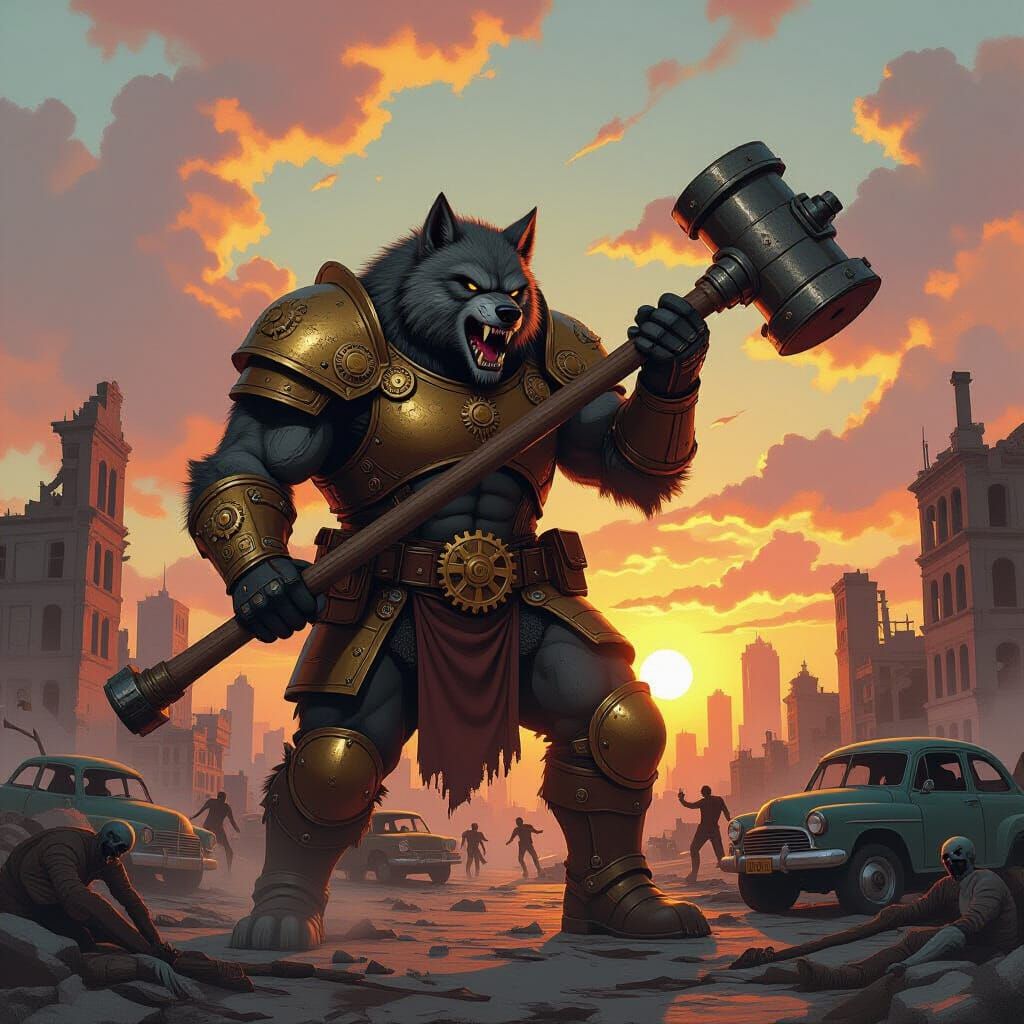 Steampunk Werewolf in Post-Apocalyptic Impasto Scene