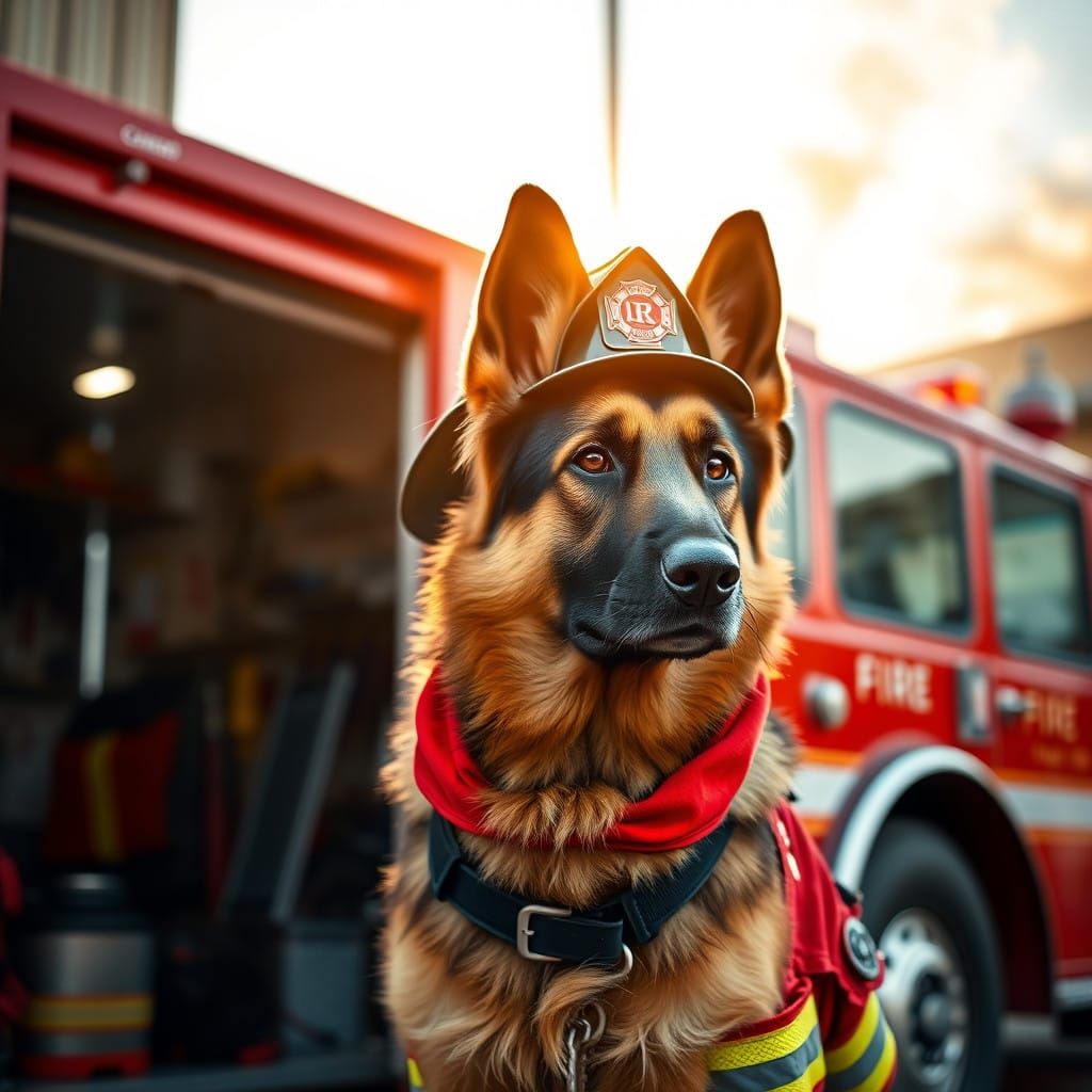 Brave German Shepherd Firefighter in Red Uniform