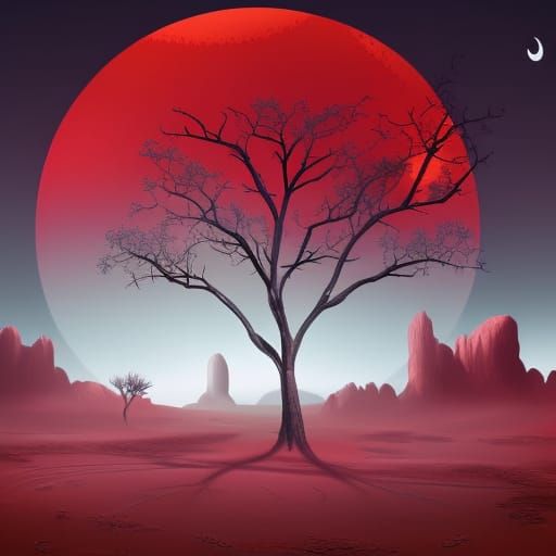 Red Tree Under Blood Moon in Glowing Desert