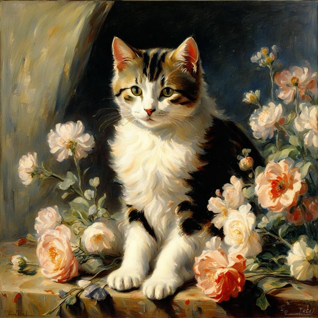 Cute Cat with Heart Lights: Impressionist Style