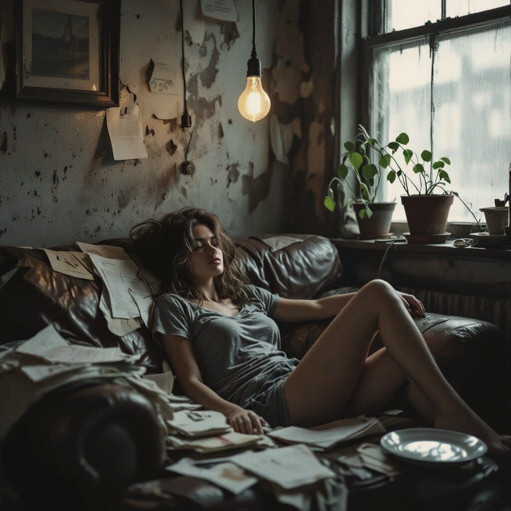 Photorealistic Portrait of Woman on Sofa in Cluttered Room