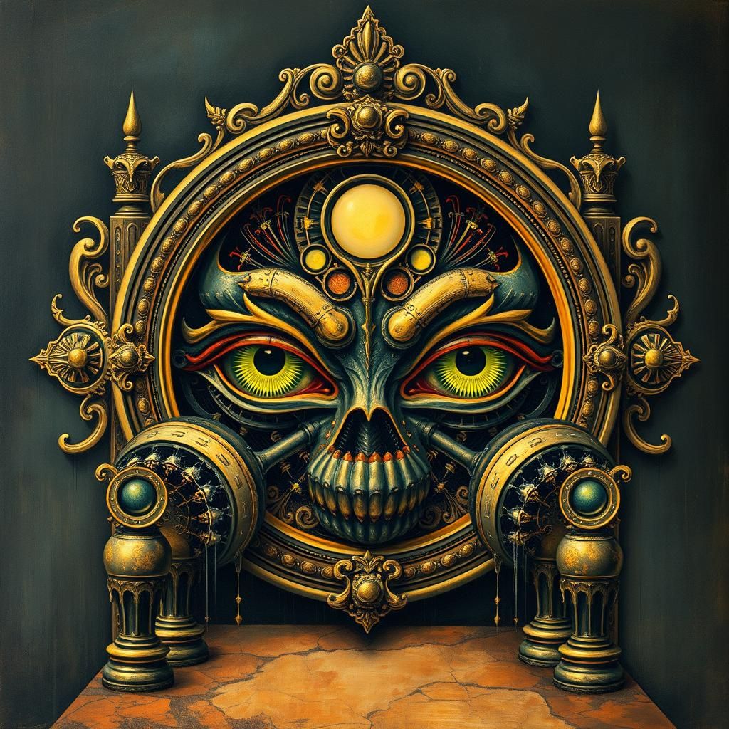 Biomechanical Eyes on Dystopian Art Deco Throne