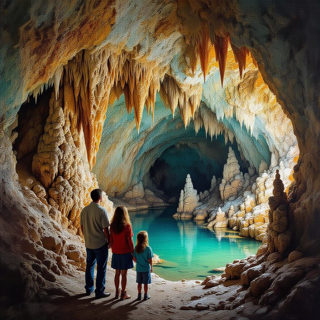 Family Explores Mammoth Cave Formations in Acrylic Style
