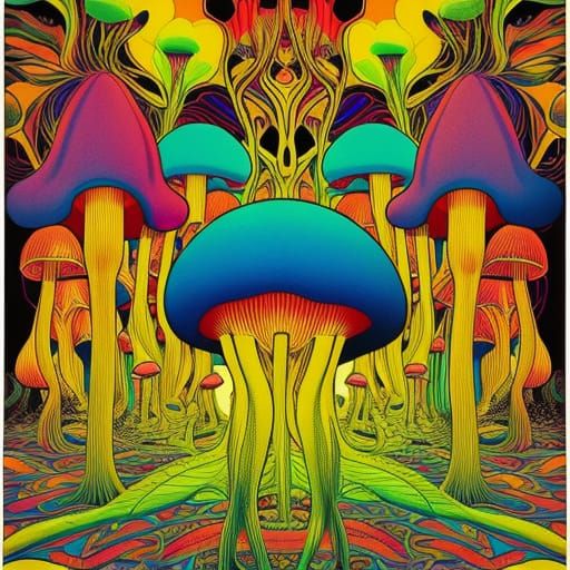 Psychedelic Magical Mushrooms in 1970s Style