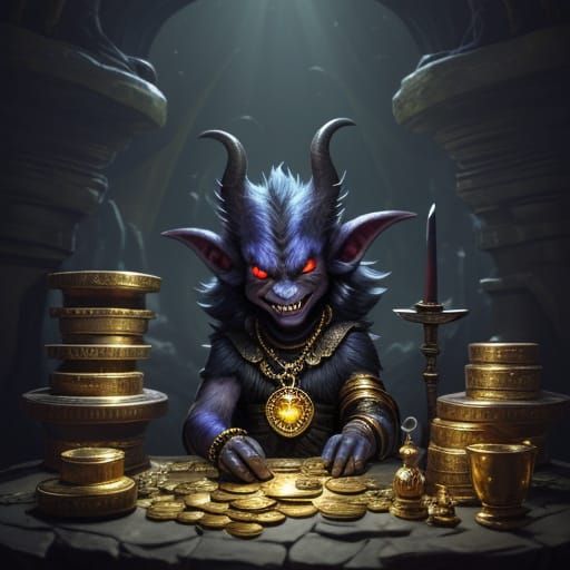 Mischievous Imp Guarding Gold in a Magical Cave