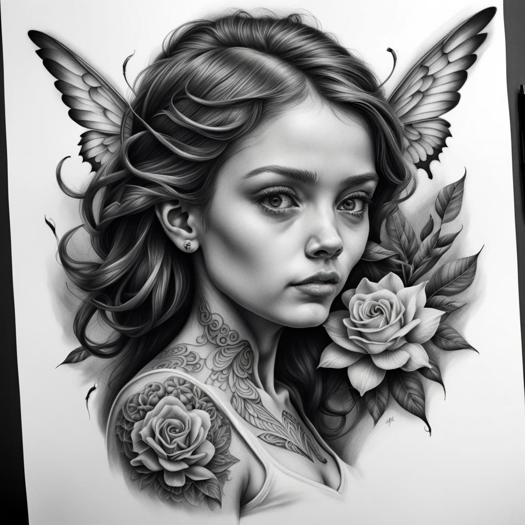 Fairy Tattoo Design in Black and White Charcoal Sketch