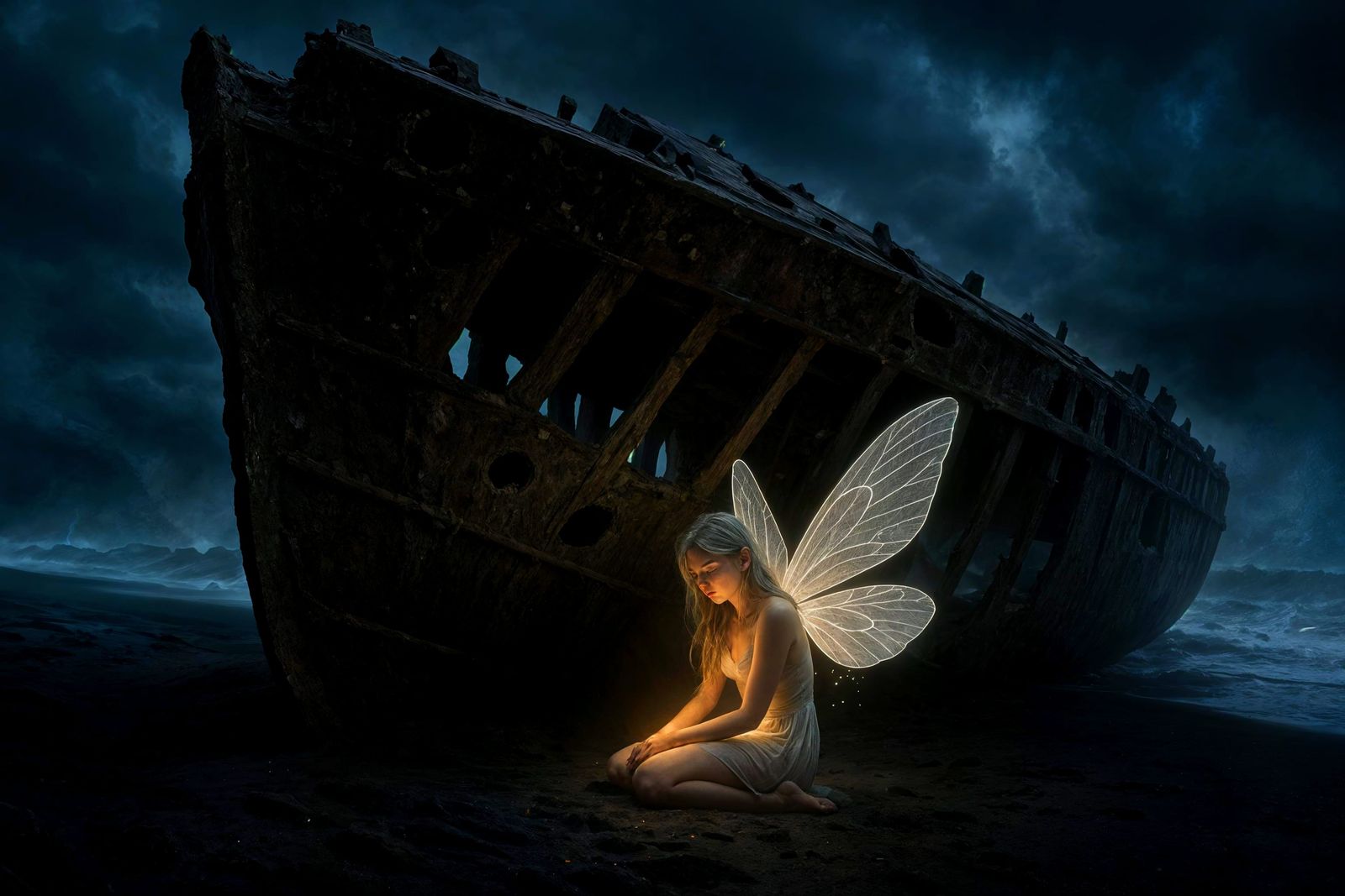 Luminous Fairy in Shipwreck on Volcanic Beach