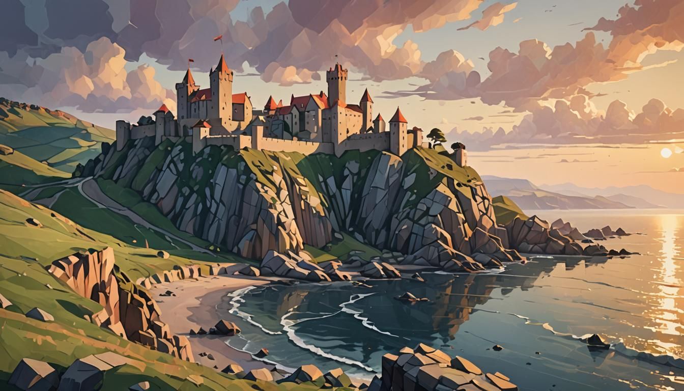 Low-Poly Castle Overlooking Rocky Coastline at Sunset