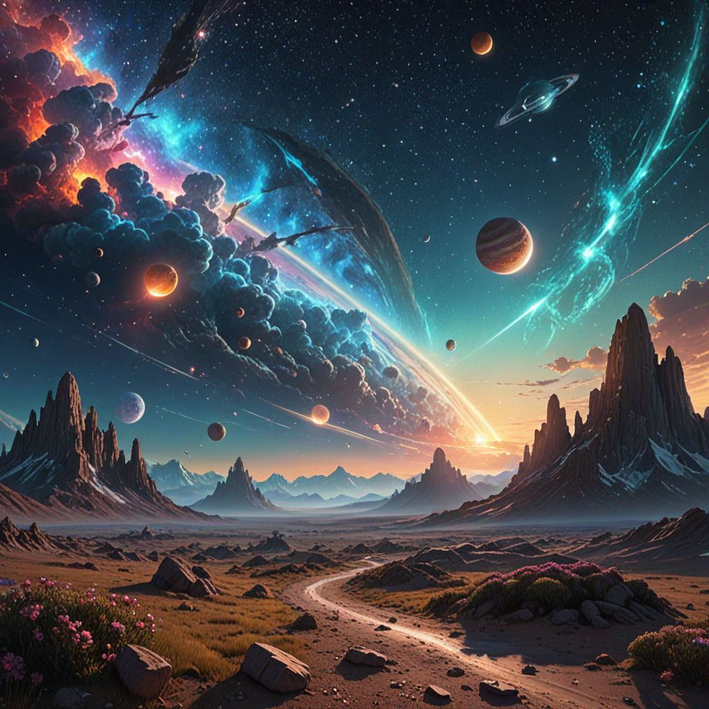 Ethereal Figures Soar Through Vibrant Nebulae in a Dreamlike...