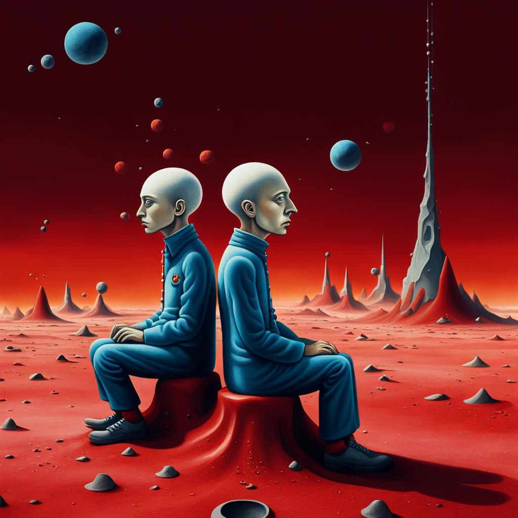 Surreal Portraits on Red Stone, Space Background