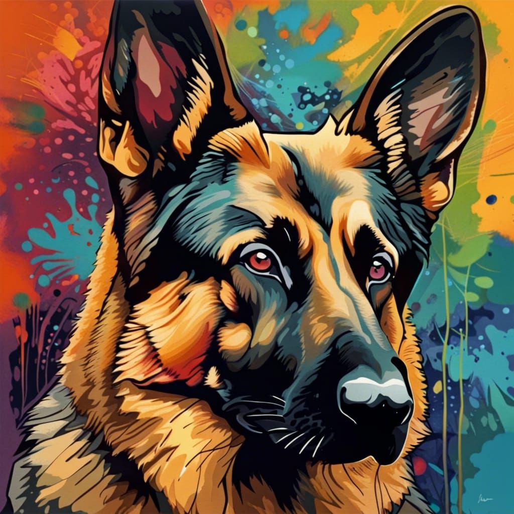 German Shepherd Splash Art in Abstract Style