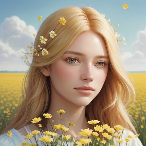 Girl in Field: Vibrant Oil Painting with Golden Hair