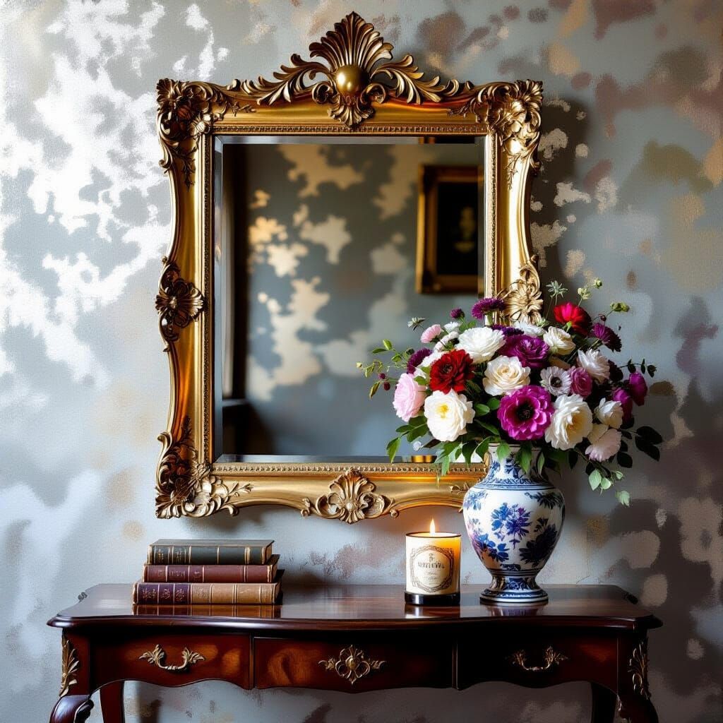 Baroque Mirror Portrait with Gold Leaf and Iridescent Reflec...