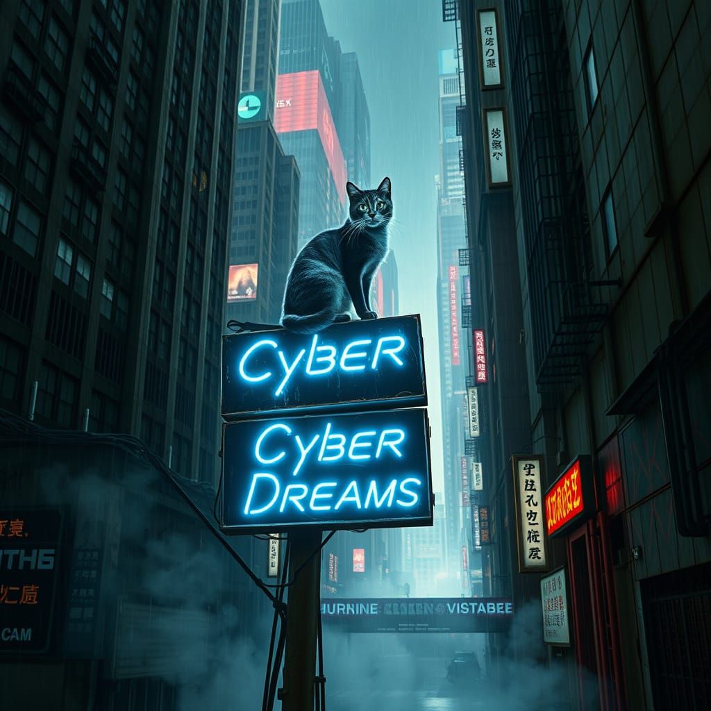 Cybernetic Cat on Neon Sign in Rainy Cityscape