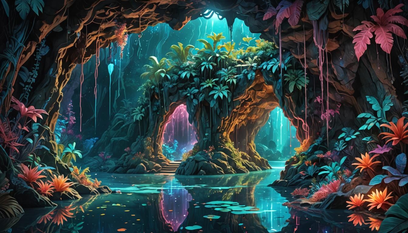 Enchanting Bioluminescent Lake in Fantasy Grotto