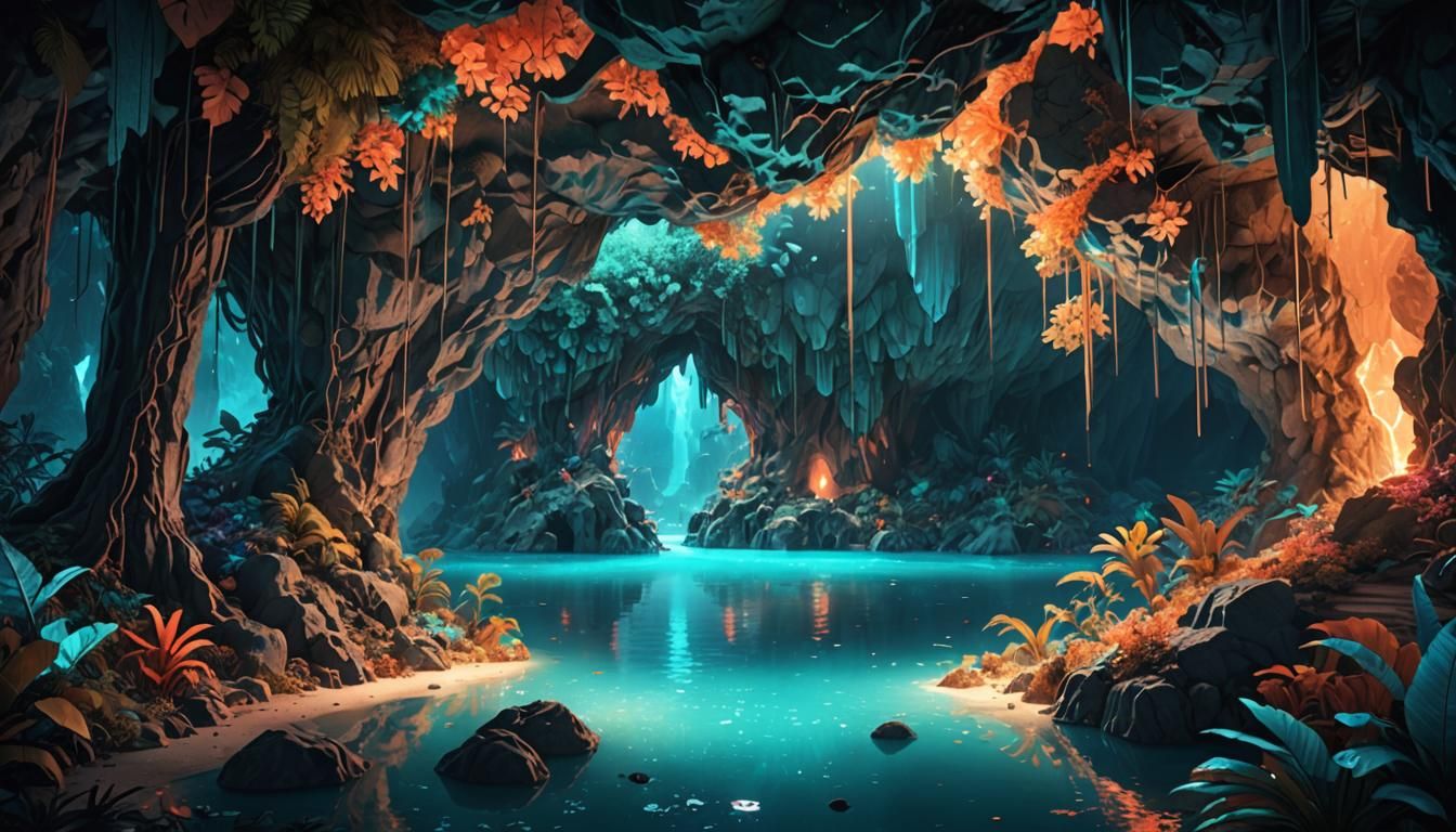 Mystical Cave Opens to Shimmering Lake: Fantasy Art