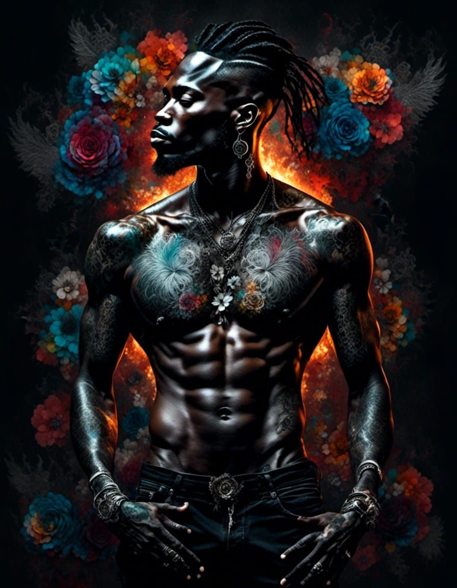 Man with Molten Heart Amidst Rainbow Lace Flowers