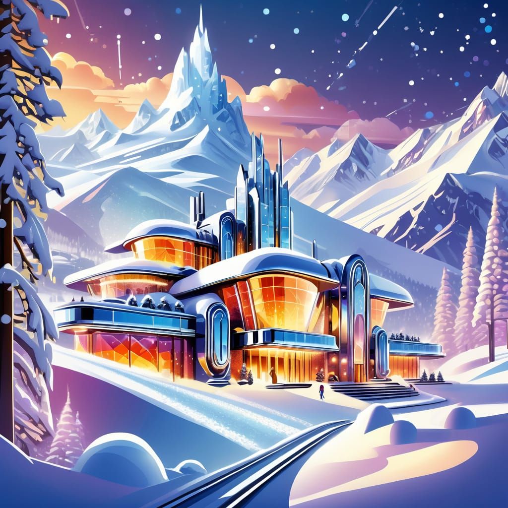 Futuristic Art Deco Ski Resort in Winter