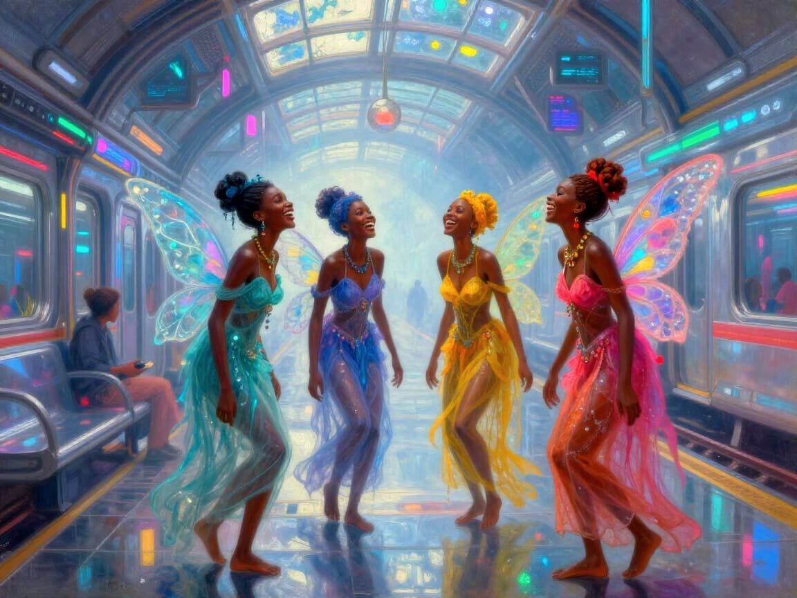 West African Fairies in Cyberpunk Train Station Oil Painting