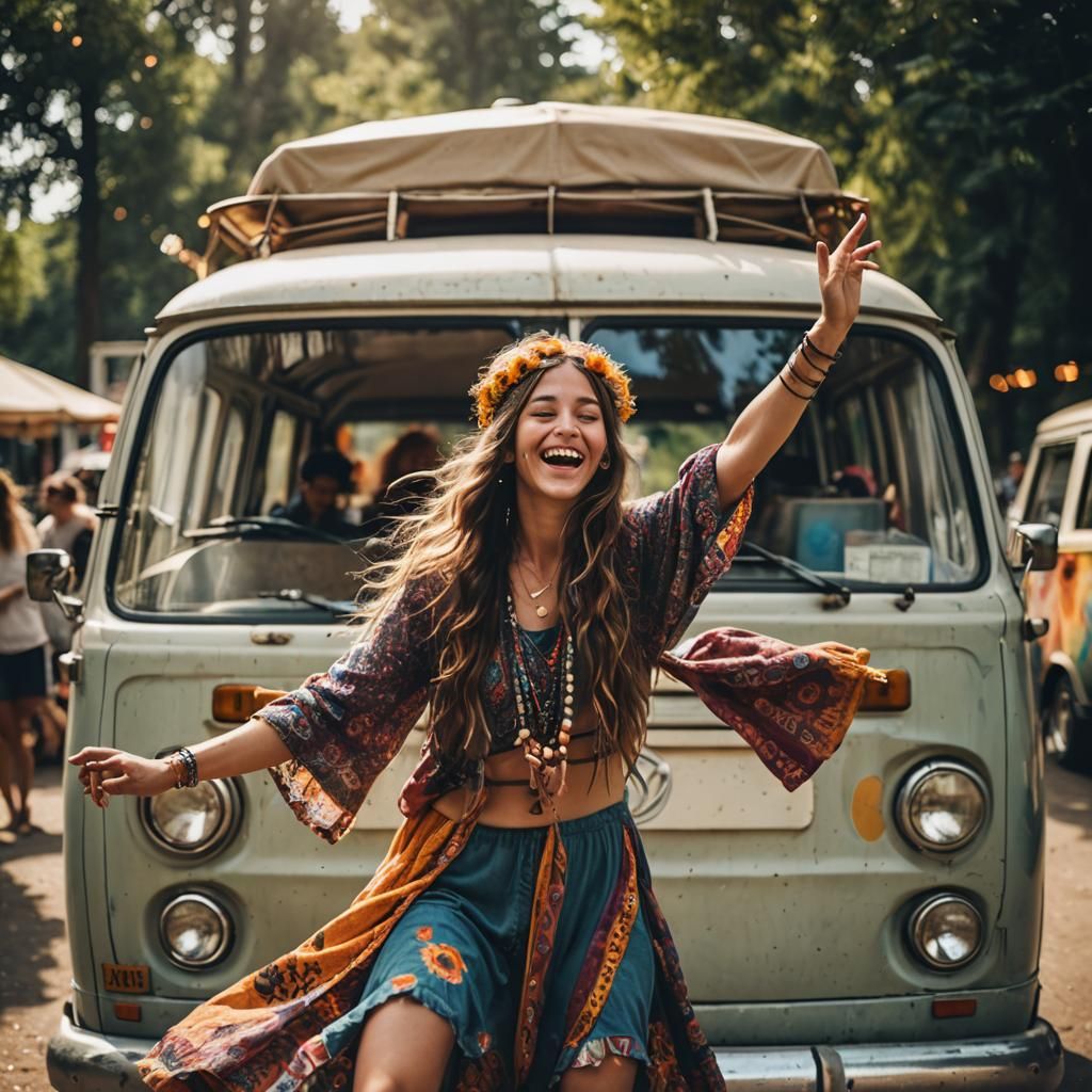 Hippie Girl Dancing on Van, Professional Photography