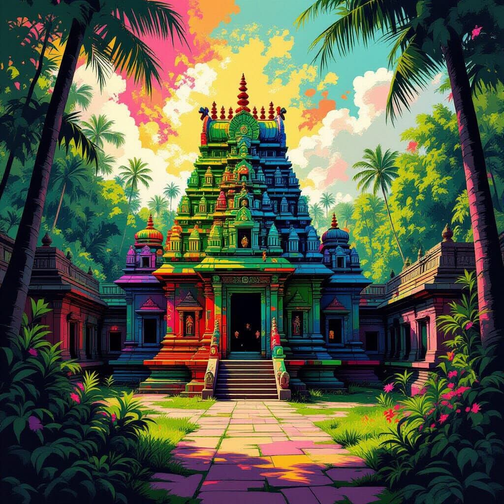 Vibrant Hindu Temple Amidst Lush Greenery