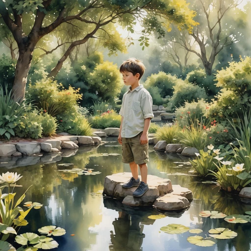 Melancholy Boy in a Digital Watercolor Painting