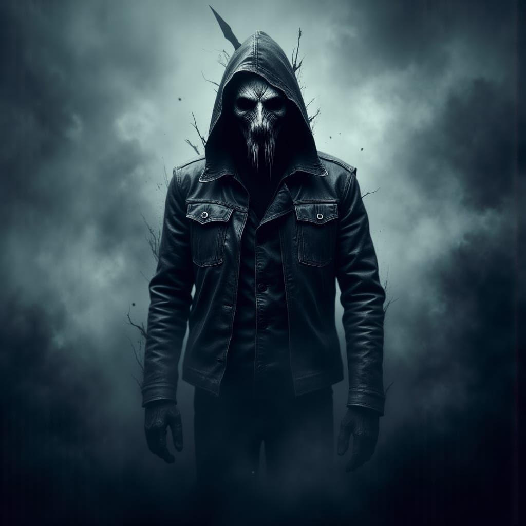 Masked Figure on Dark Clouds in Atmospheric Style