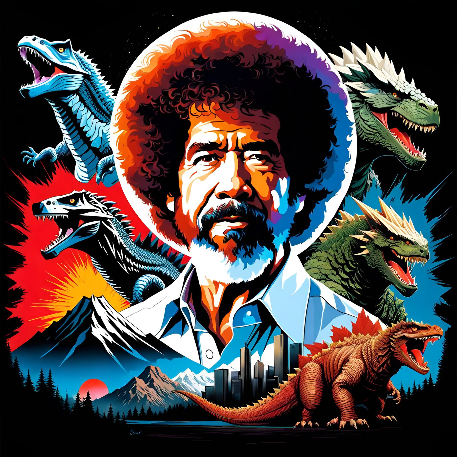 Godzilla and Bob Ross Portrait in Renaissance Style