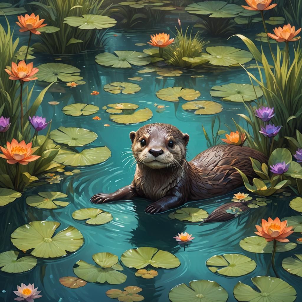 Baby Otter in Pond: Whimsical Fantasy Art