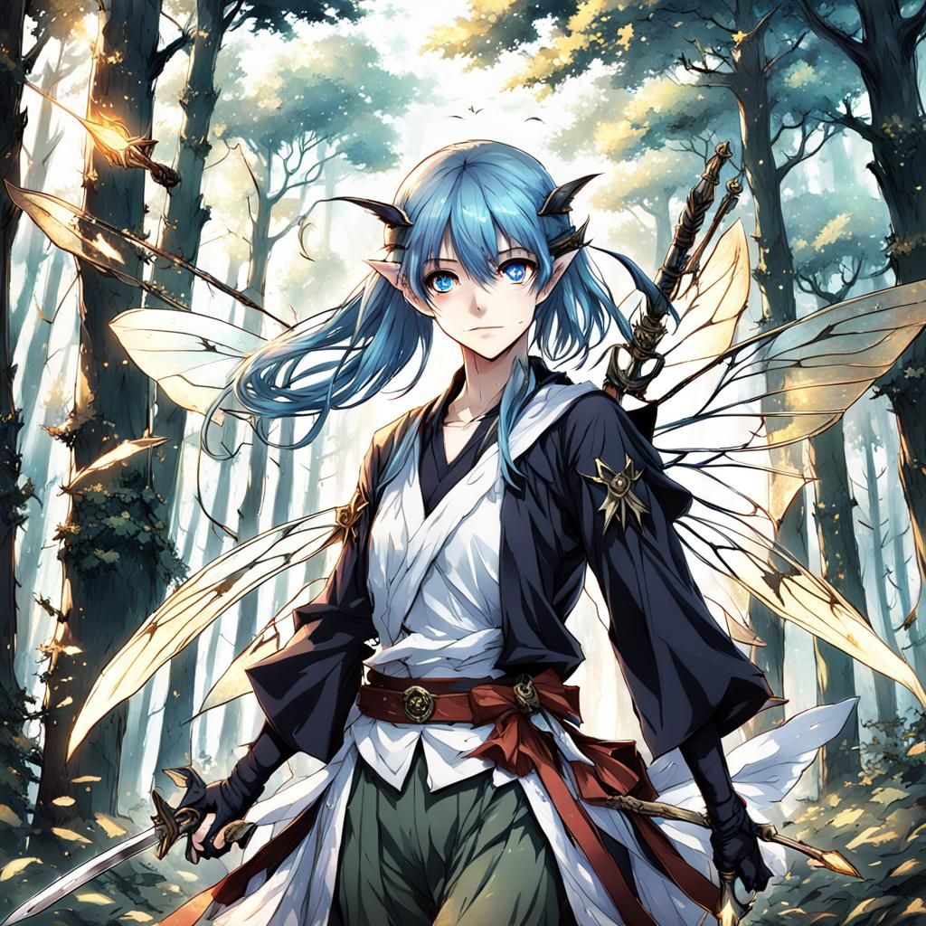 Fairy Assassin with Blue Wings in Anime Style
