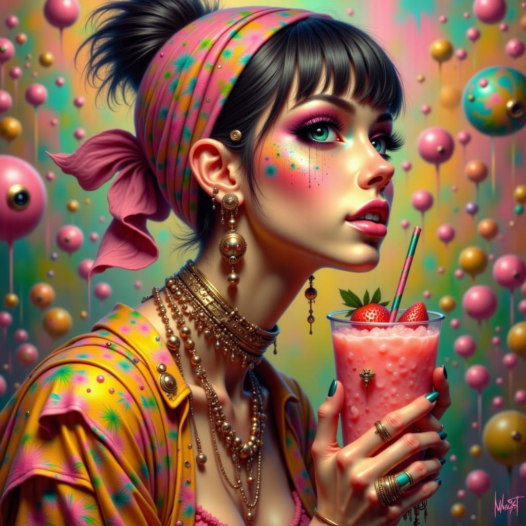 Stylish Woman with Strawberry Smoothie in Futuristic 3D Art