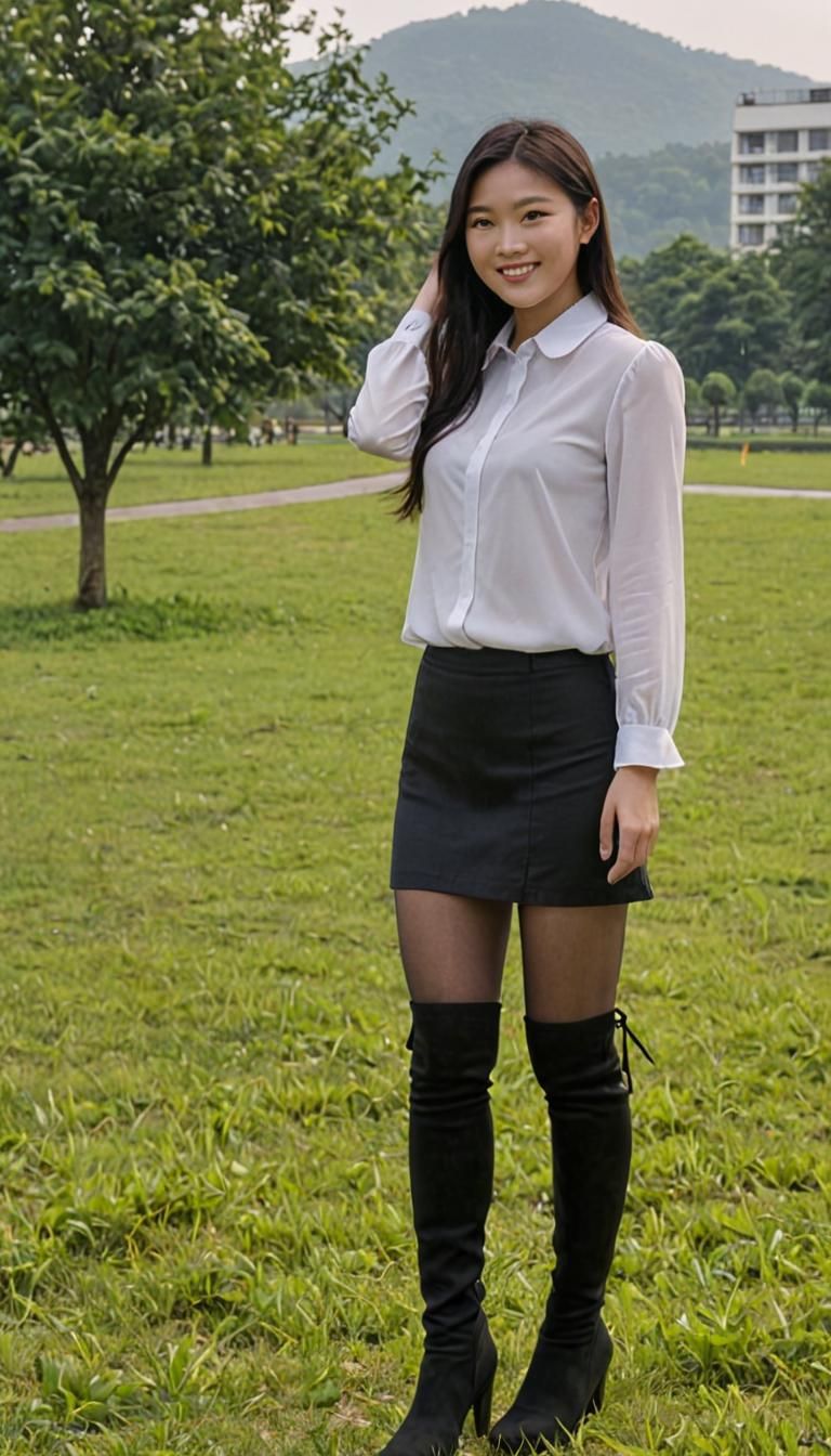 Woman in Boots on Park Grassfield