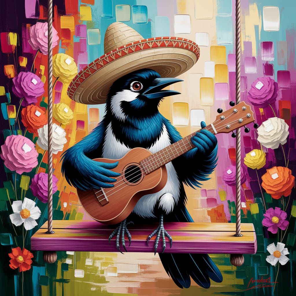 Magpie Serenades Garden in Abstract Expressionist Impasto