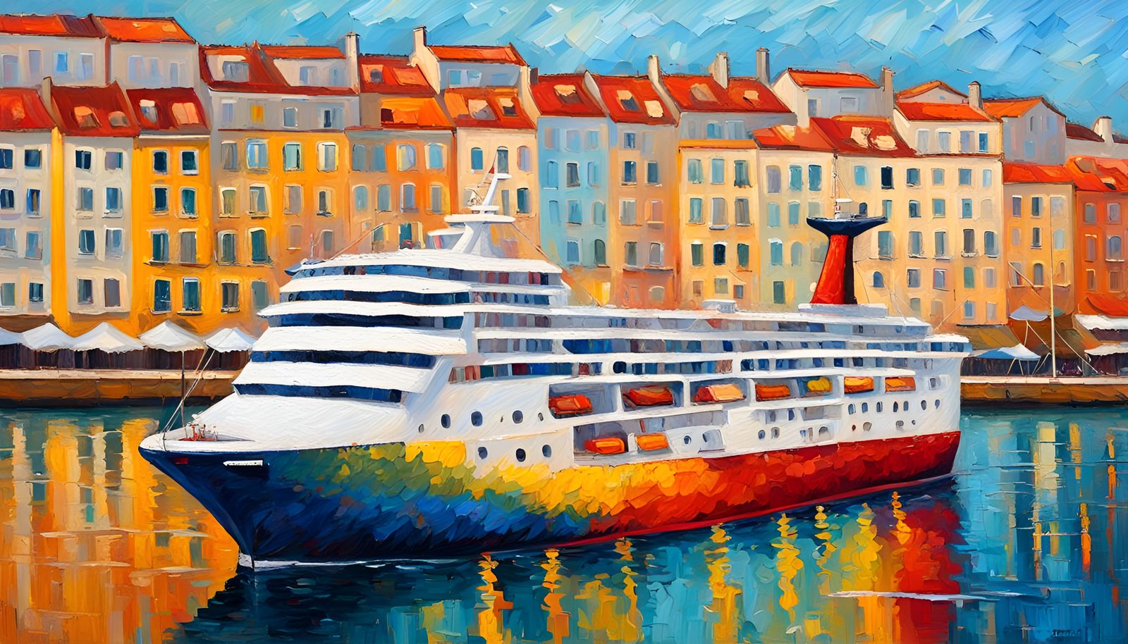 Lisbon Harbor Cruise Ship: Post-Impressionist Oil Painting