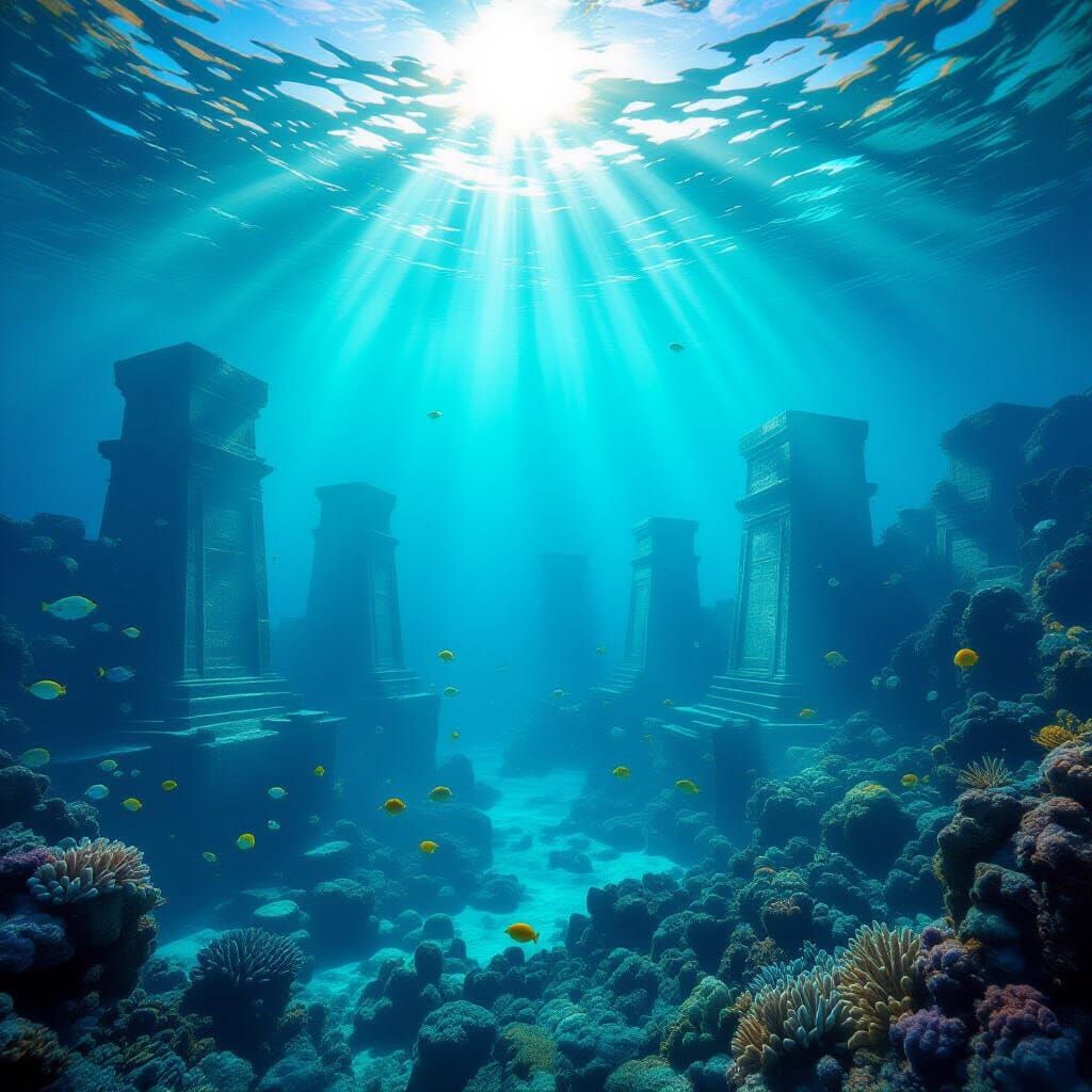 Lost Underwater City Metropolis with Coral and Fish