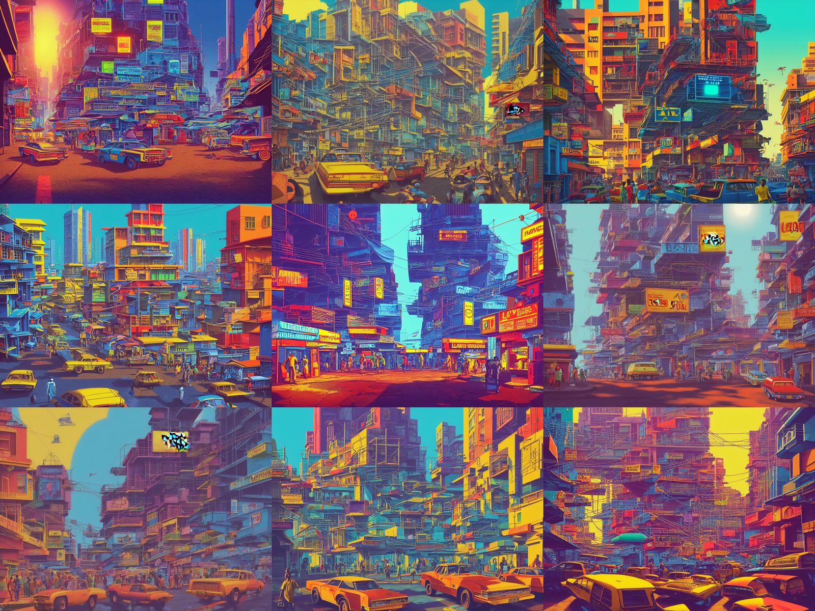 Lagos Retro City Street in Cel-Shaded Anime Style
