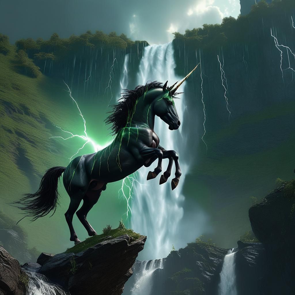 Dramatic Black Unicorn Rearing in Dark Fantasy Style