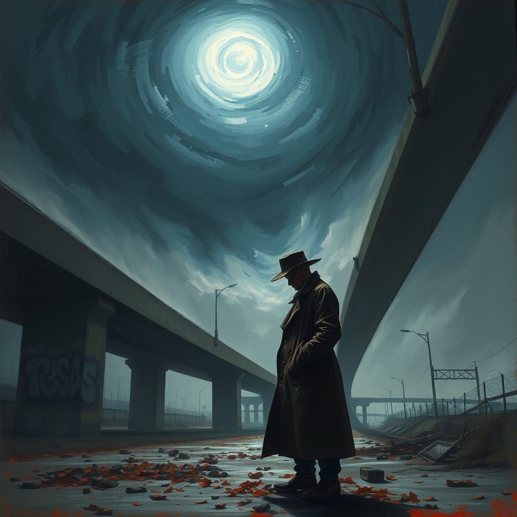 Lone Figure Lost in Desolate Urban Landscape