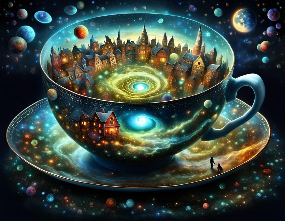 Surreal Teacup Portal to a Starry Galaxy