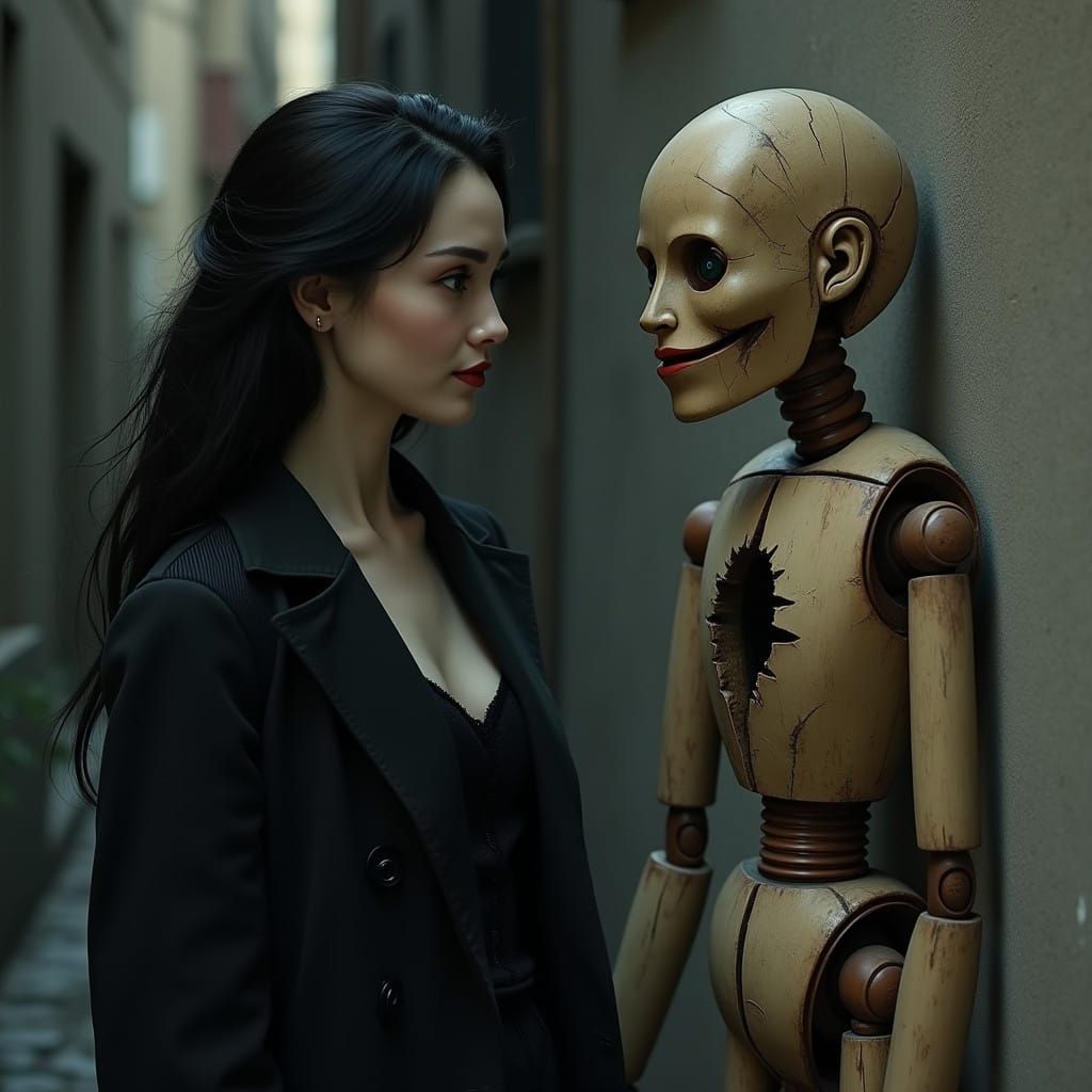 Mysterious Woman with Puppet in Film Noir Alleyway