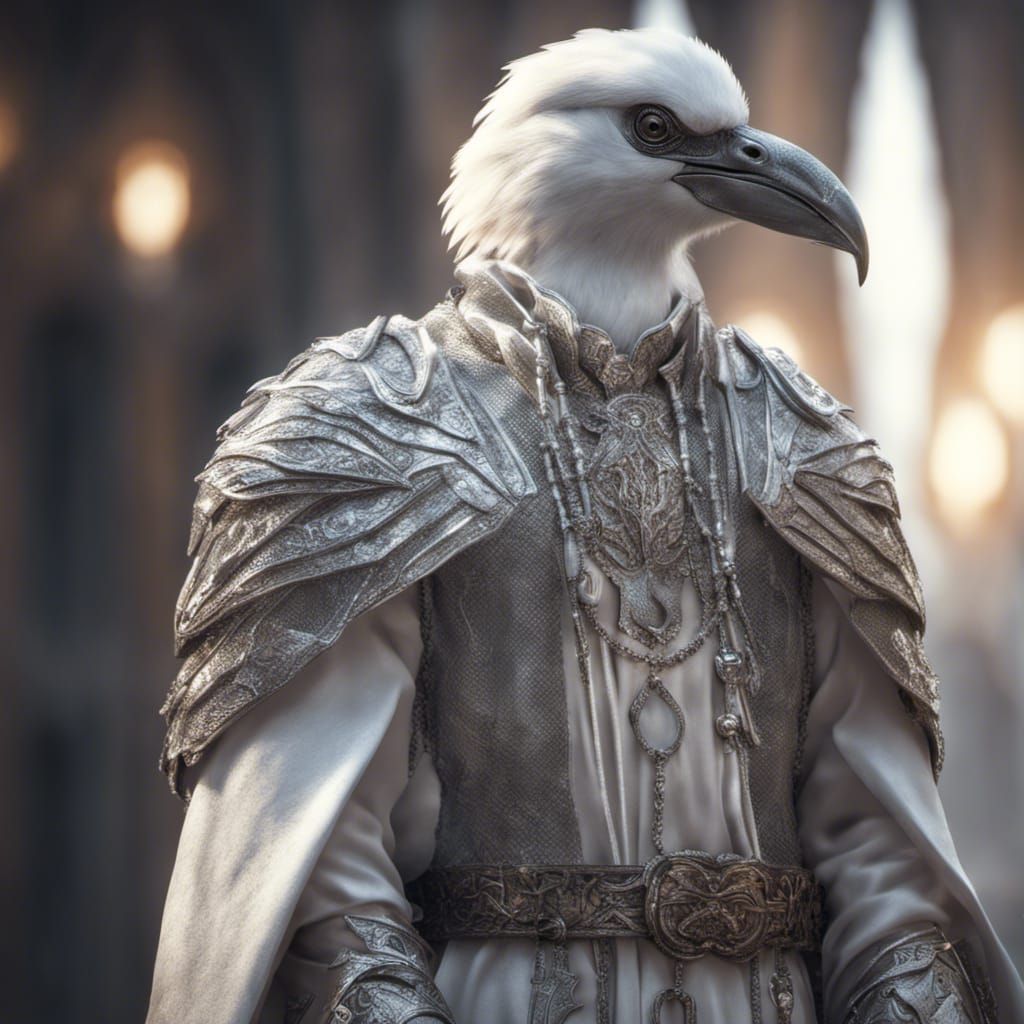 Aarakocra Cleric in Silver Robes, Hyperrealistic